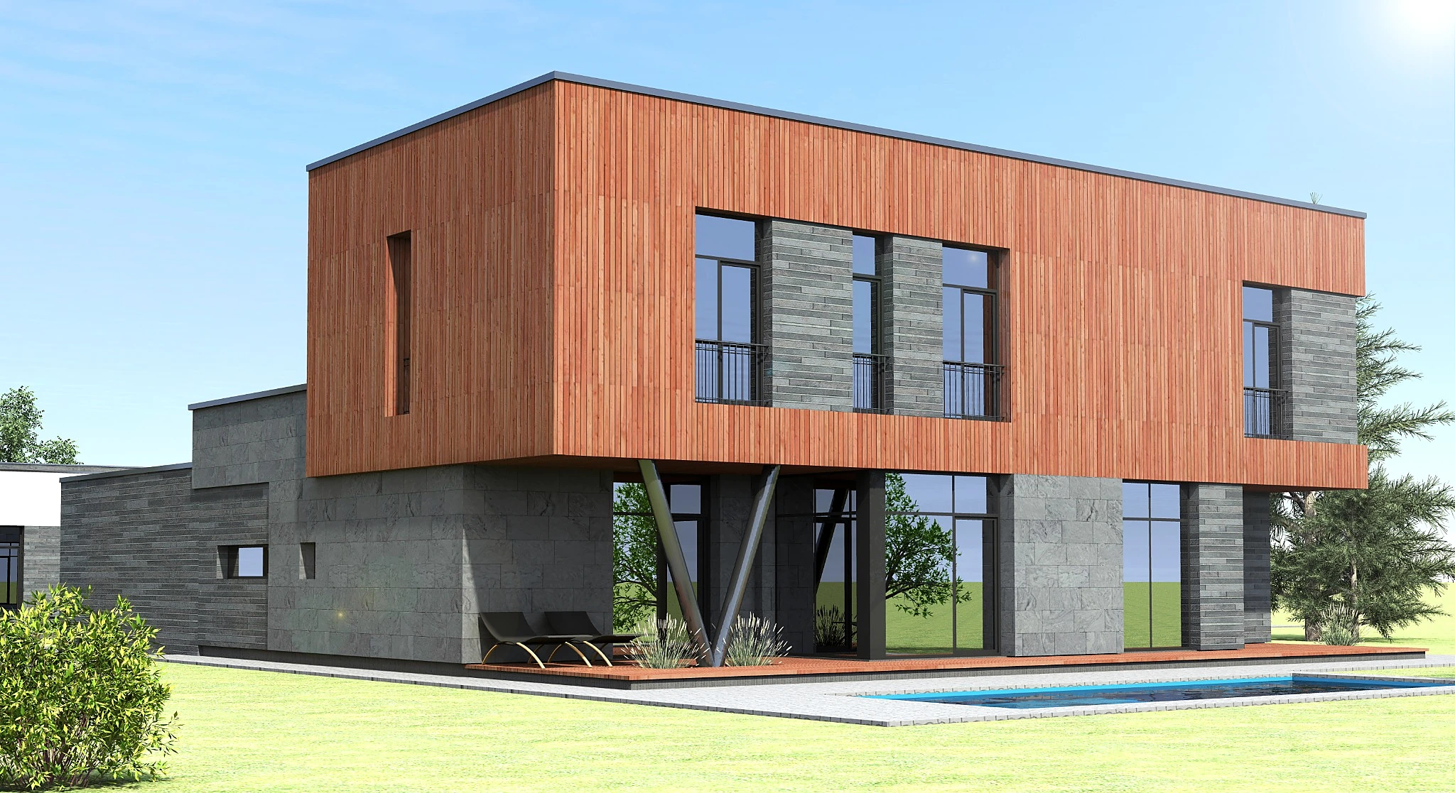 Medžio ir akmens dermė – architektūrinė vizualizacija